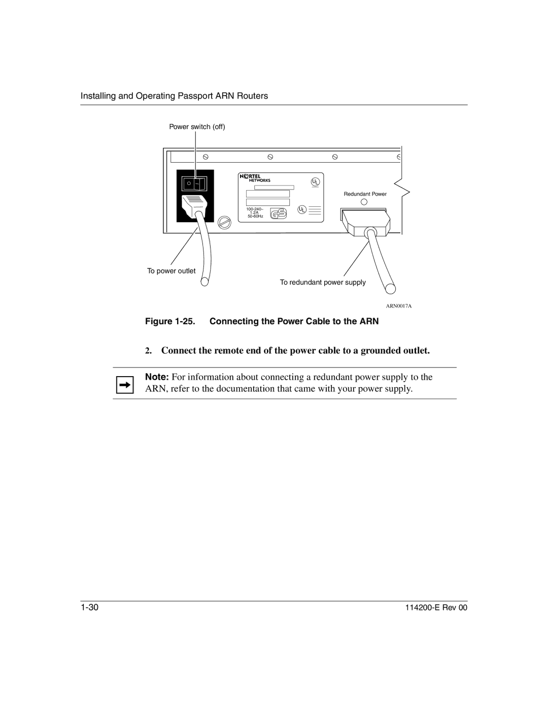 Nortel Networks 114200-E manual Connecting the Power Cable to the ARN 