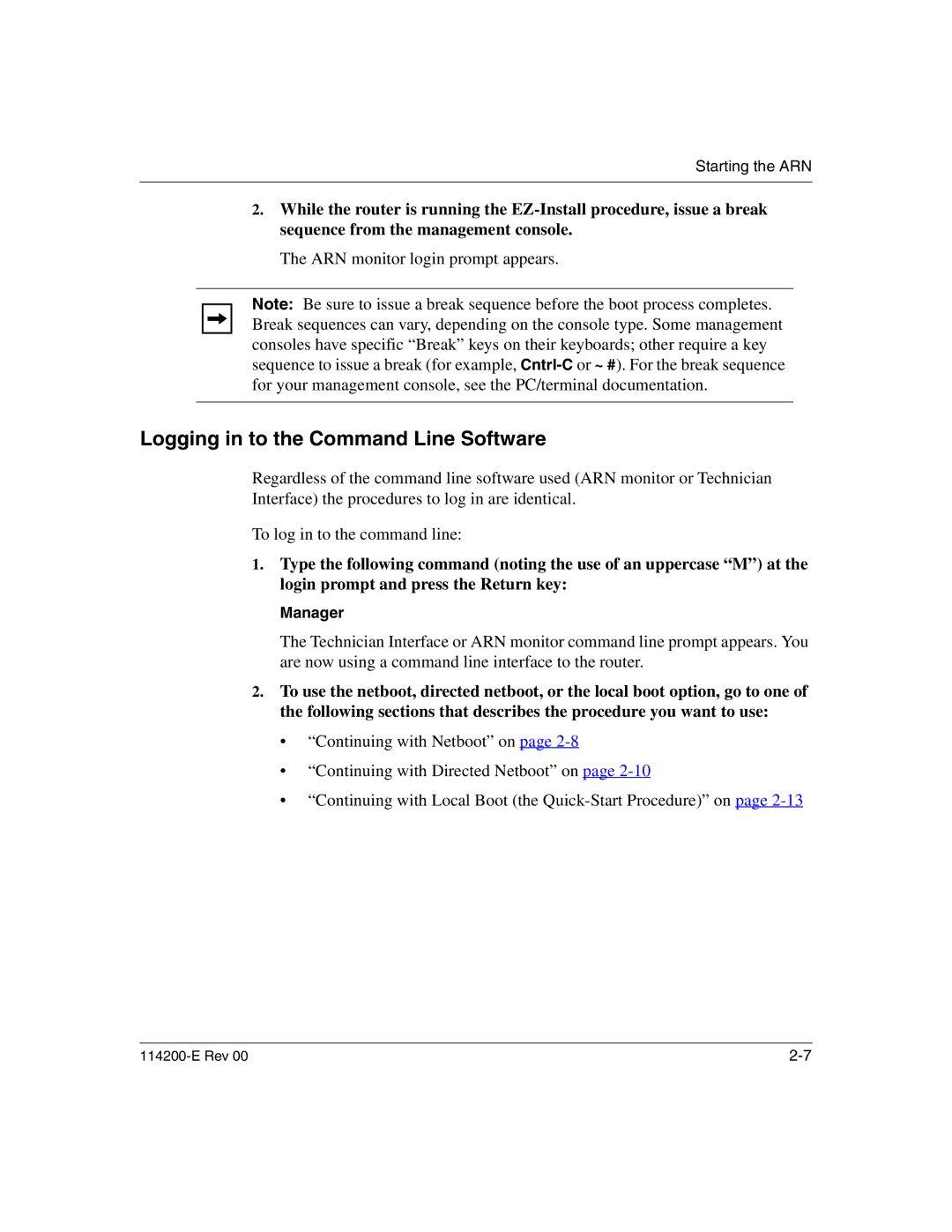 Nortel Networks 114200-E manual Logging in to the Command Line Software, ARN monitor login prompt appears, Manager 