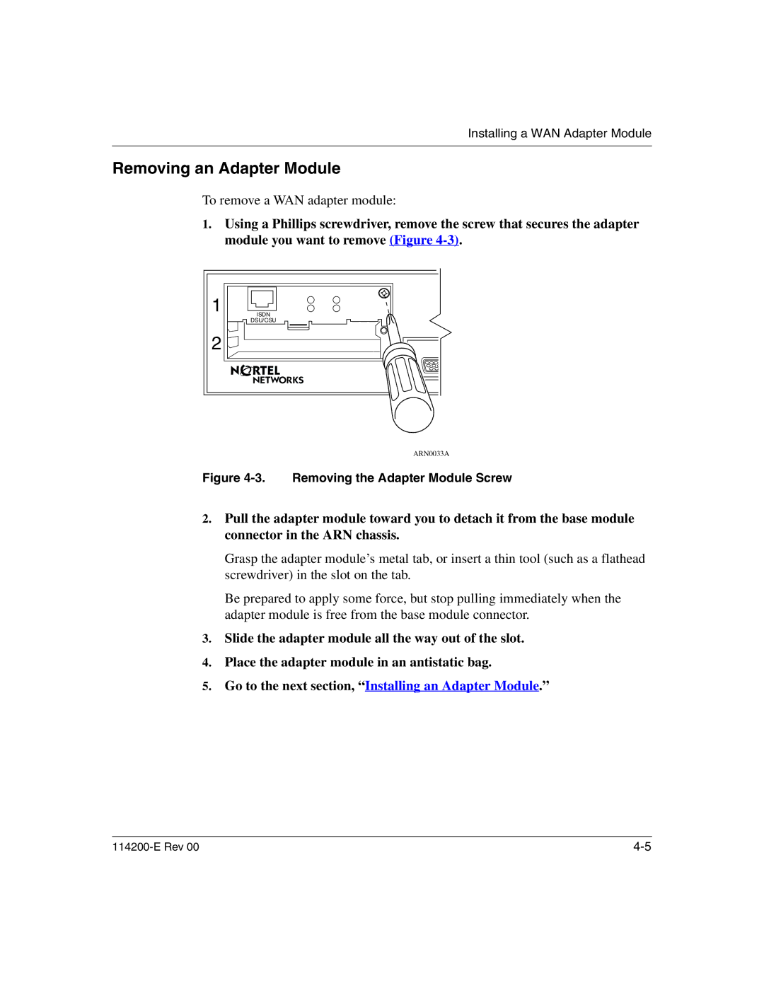 Nortel Networks 114200-E manual Removing an Adapter Module, To remove a WAN adapter module 