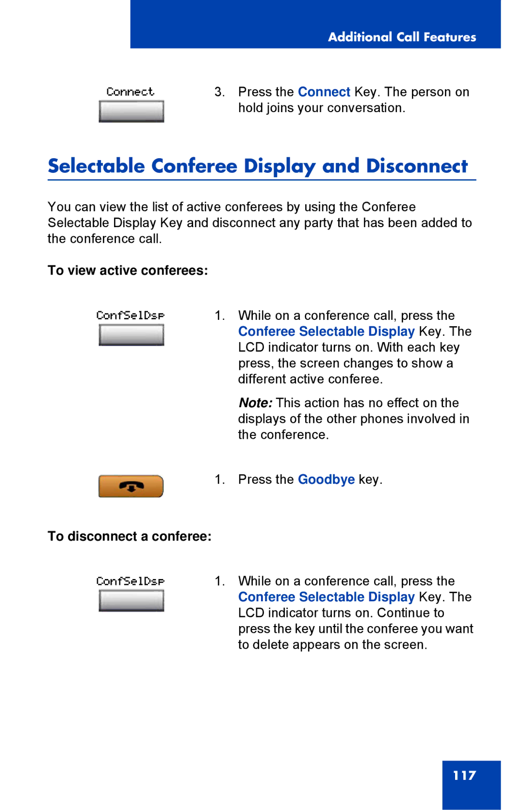 Nortel Networks 1150E manual Selectable Conferee Display and Disconnect, To view active conferees, To disconnect a conferee 