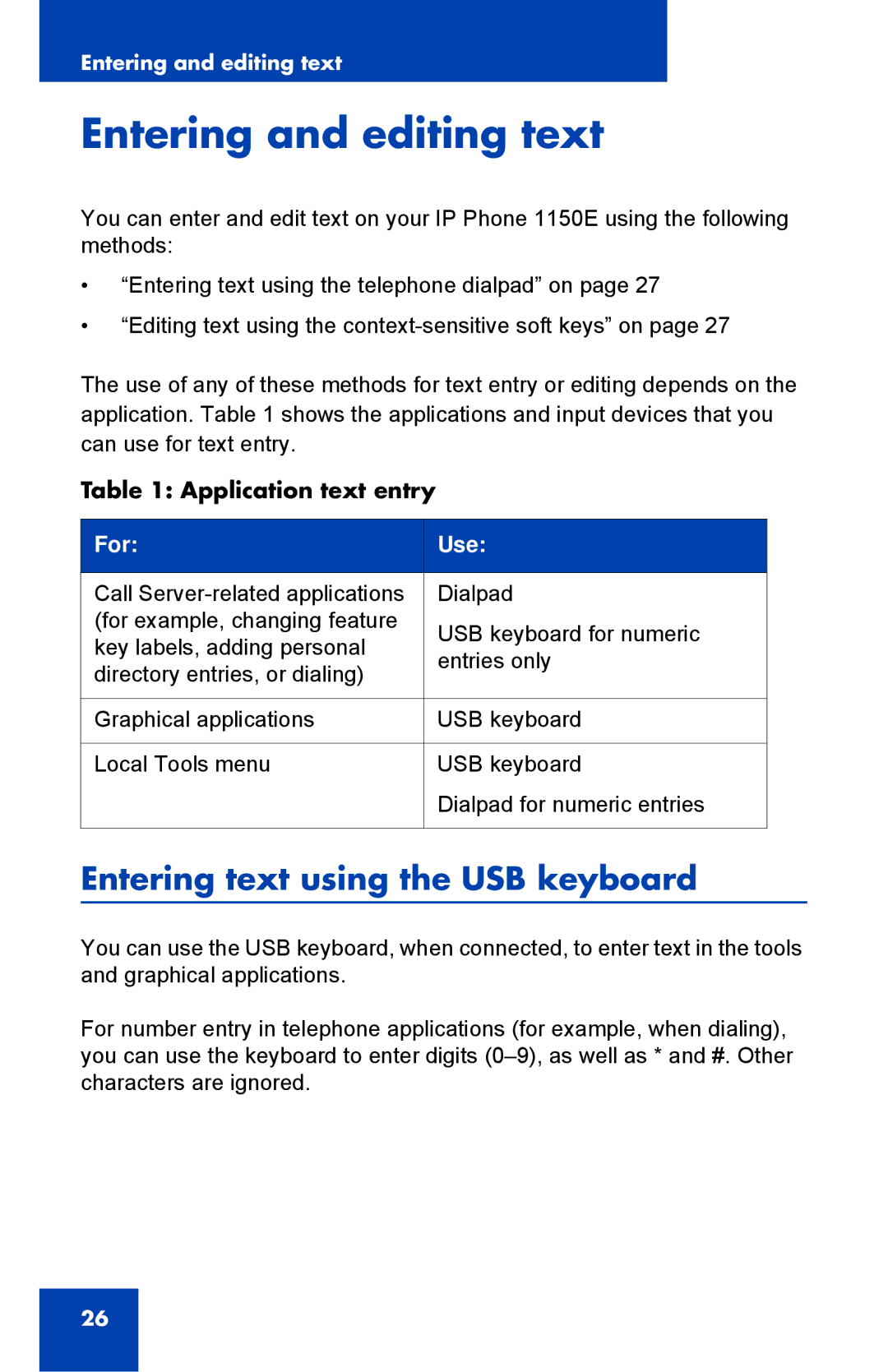 Nortel Networks 1150E manual Entering and editing text, Entering text using the USB keyboard, Application text entry 