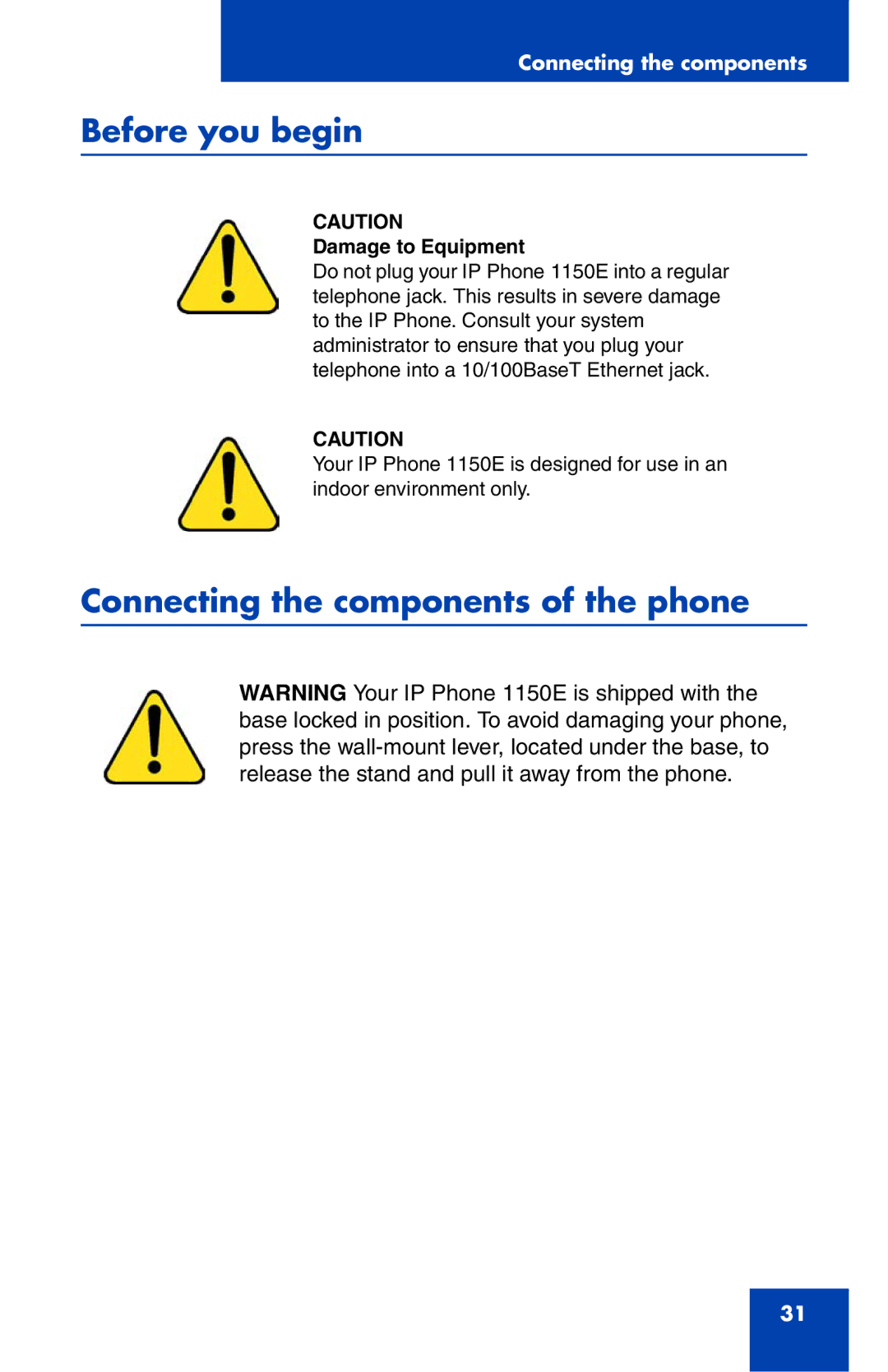 Nortel Networks 1150E manual Before you begin, Connecting the components of the phone 