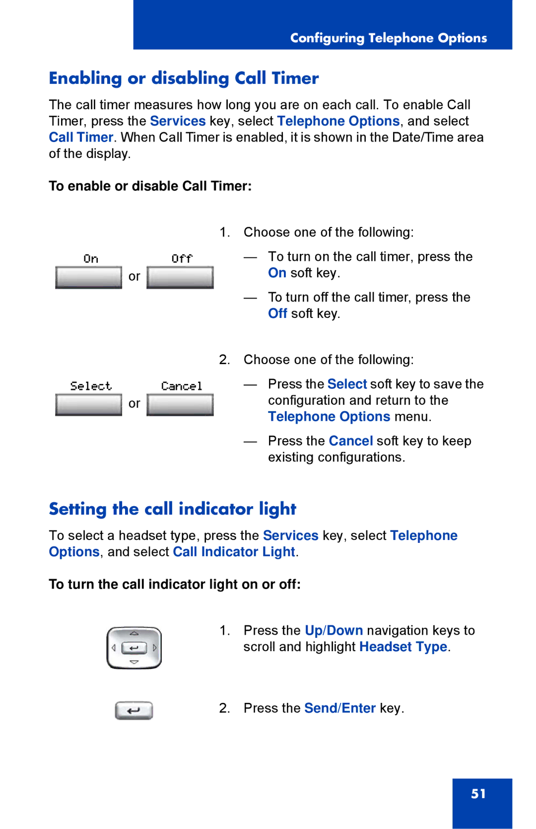 Nortel Networks 1150E Enabling or disabling Call Timer, Setting the call indicator light, To enable or disable Call Timer 