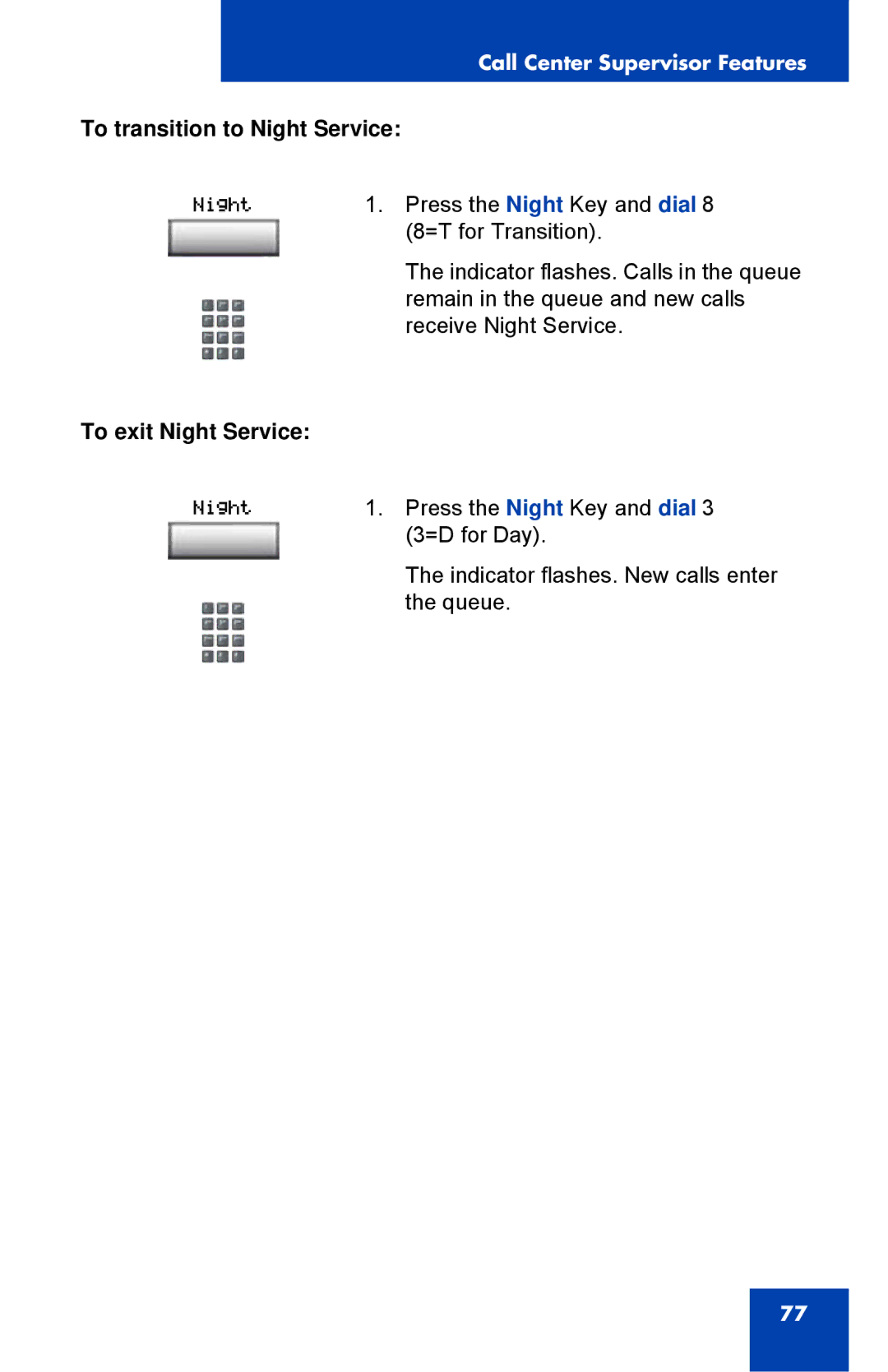 Nortel Networks 1150E manual To transition to Night Service, To exit Night Service 