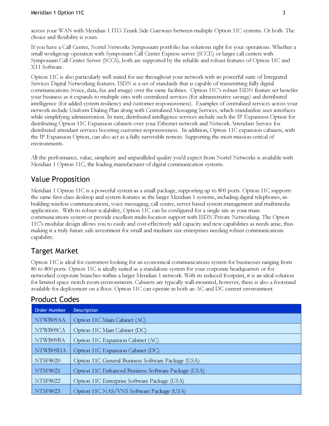 Nortel Networks 11CM manual Value Proposition, Target Market, Product Codes 