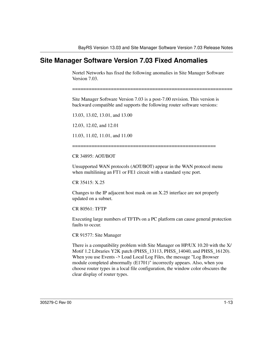 Nortel Networks 13.03 manual Site Manager Software Version 7.03 Fixed Anomalies 