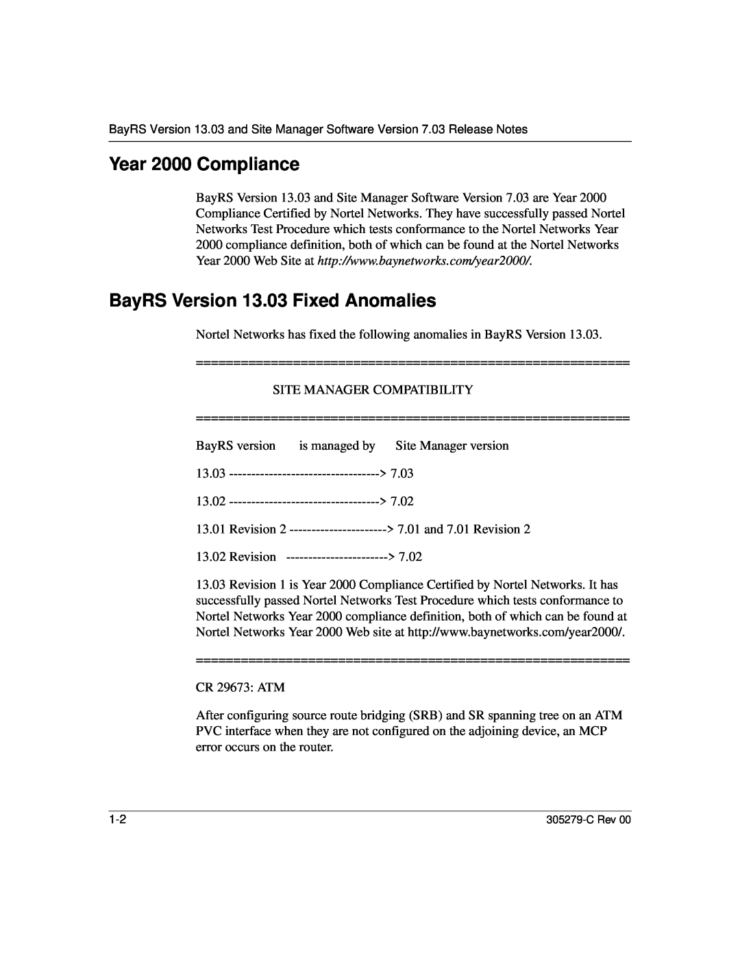 Nortel Networks manual Year 2000 Compliance, BayRS Version 13.03 Fixed Anomalies, Revision 