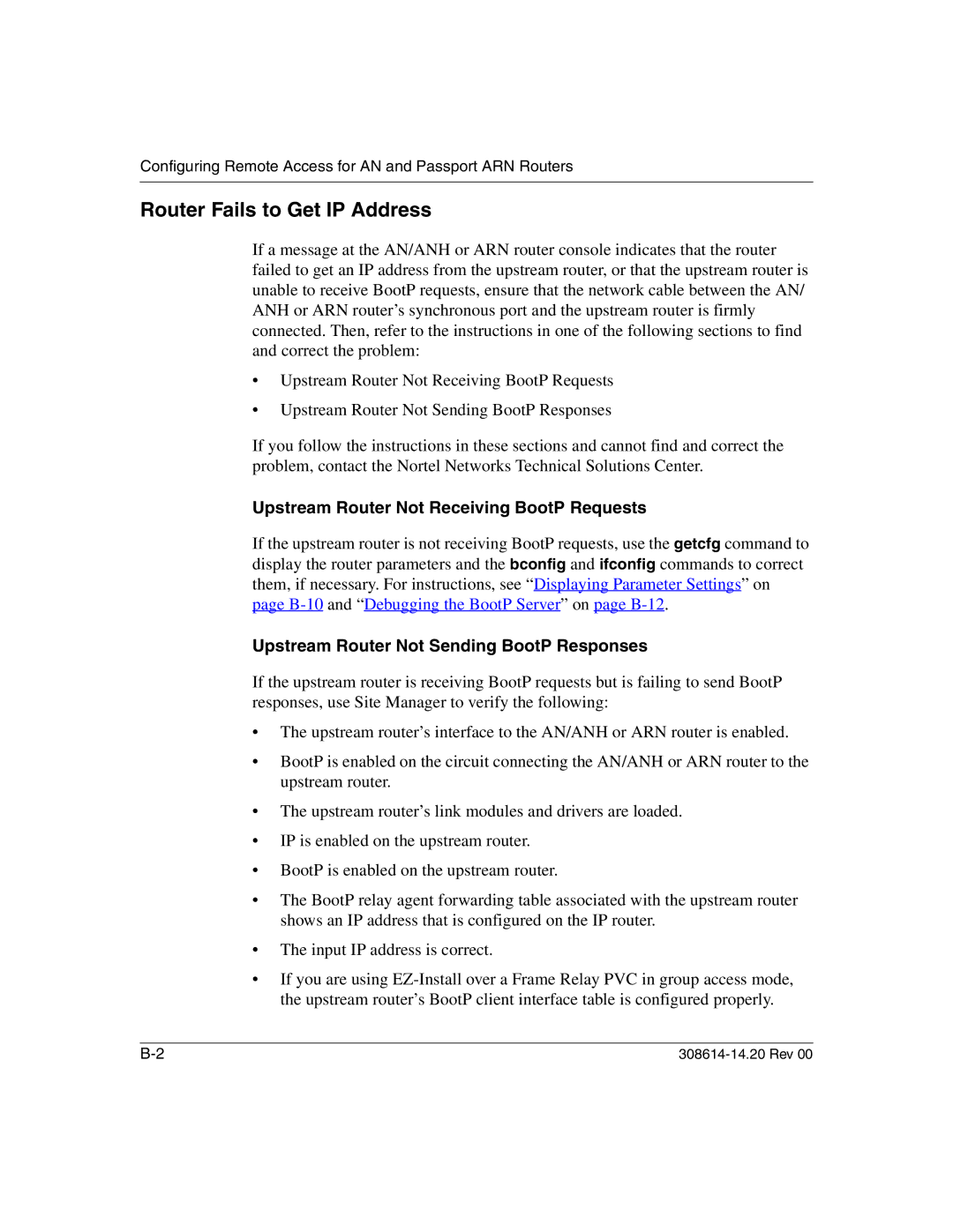 Nortel Networks 14.2 manual Router Fails to Get IP Address, Upstream Router Not Receiving BootP Requests 