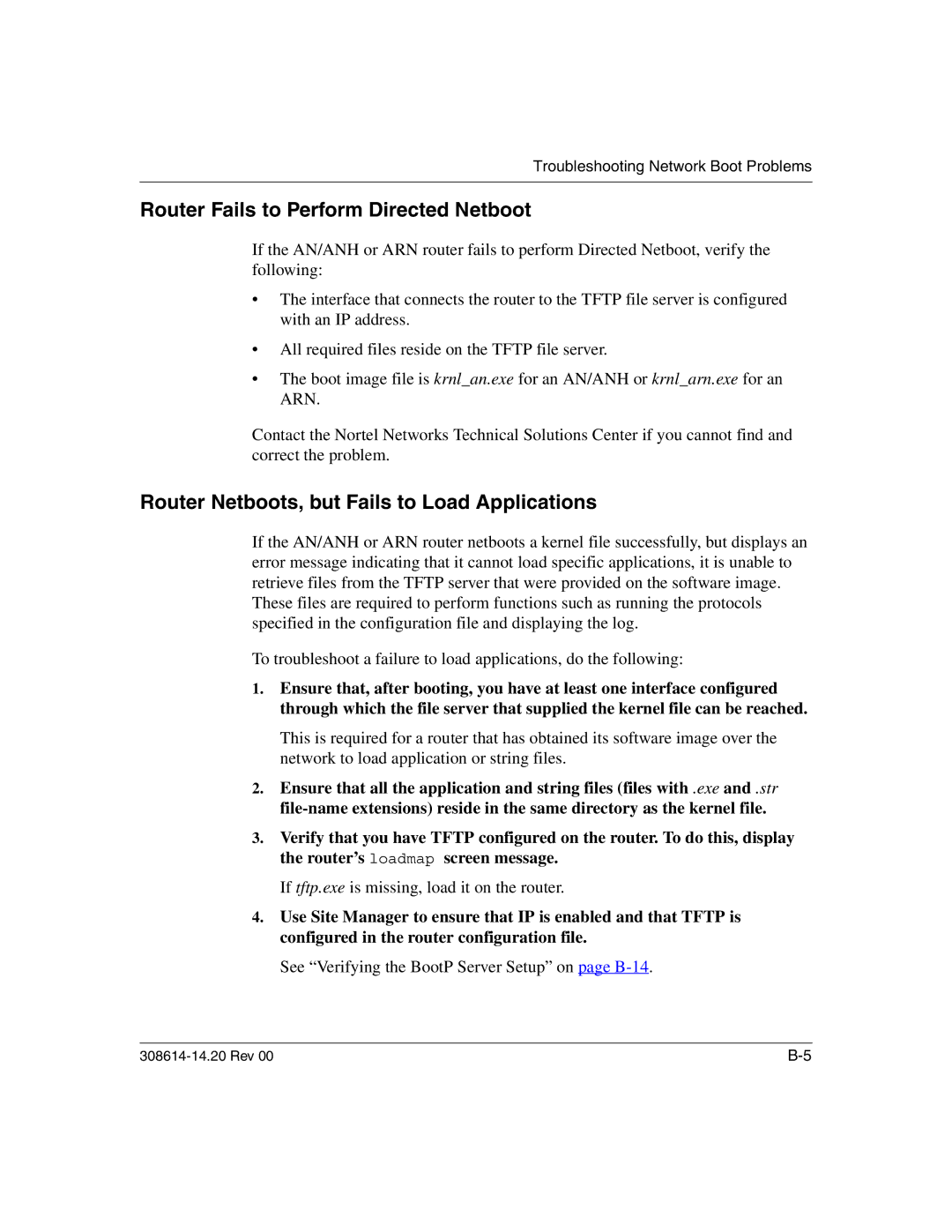 Nortel Networks 14.2 manual Router Fails to Perform Directed Netboot, Router Netboots, but Fails to Load Applications 