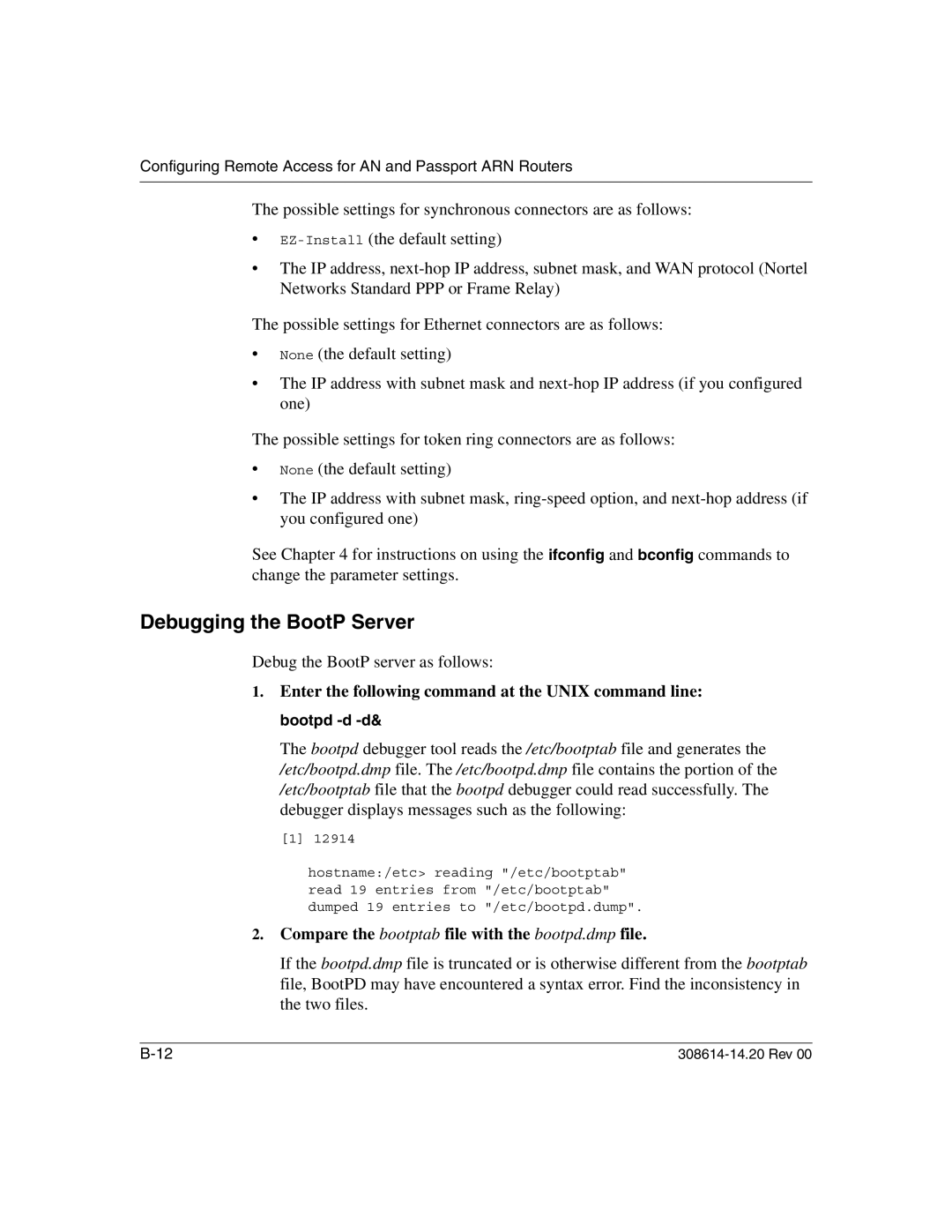 Nortel Networks 14.2 manual Debugging the BootP Server, Compare the bootptab file with the bootpd.dmp file 