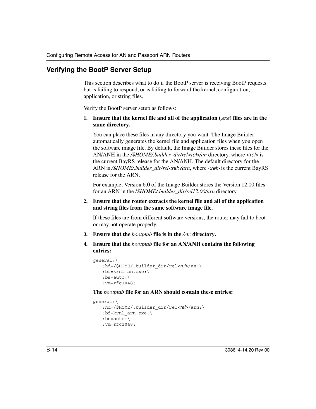 Nortel Networks 14.2 manual Verifying the BootP Server Setup, Bootptab file for an ARN should contain these entries 