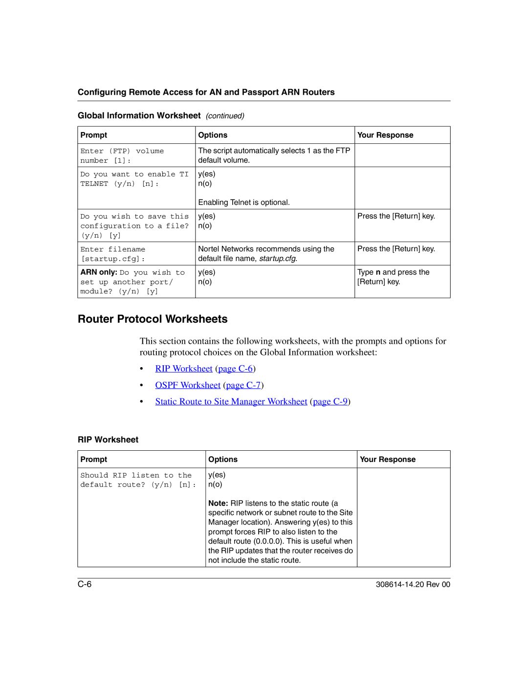 Nortel Networks 14.2 manual Router Protocol Worksheets, RIP Worksheet 