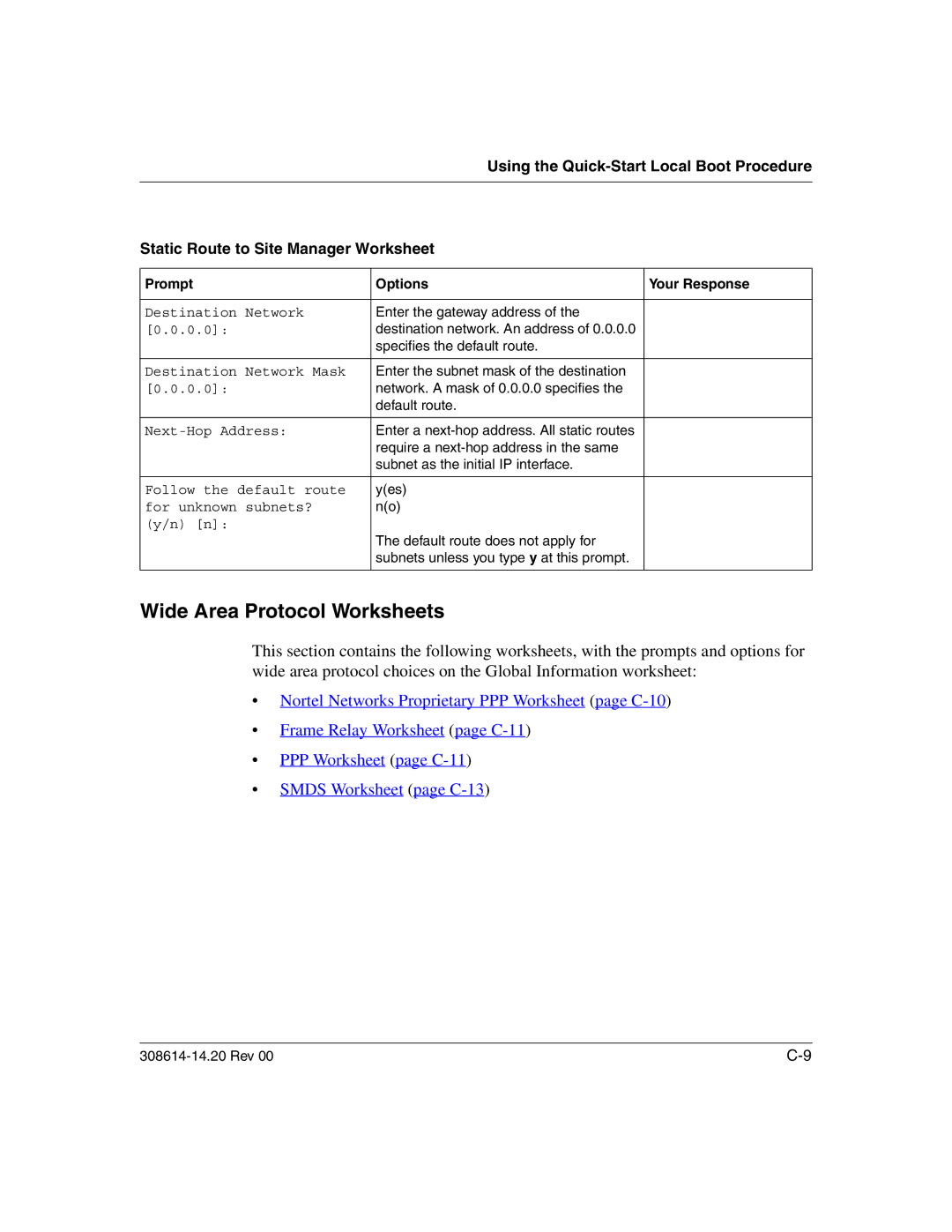 Nortel Networks 14.2 manual Wide Area Protocol Worksheets 