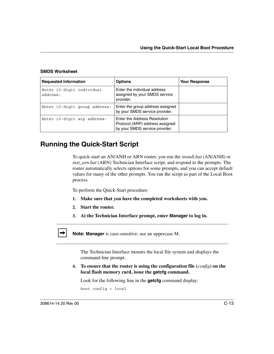 Nortel Networks 14.2 manual Running the Quick-Start Script, Using the Quick-Start Local Boot Procedure Smds Worksheet 