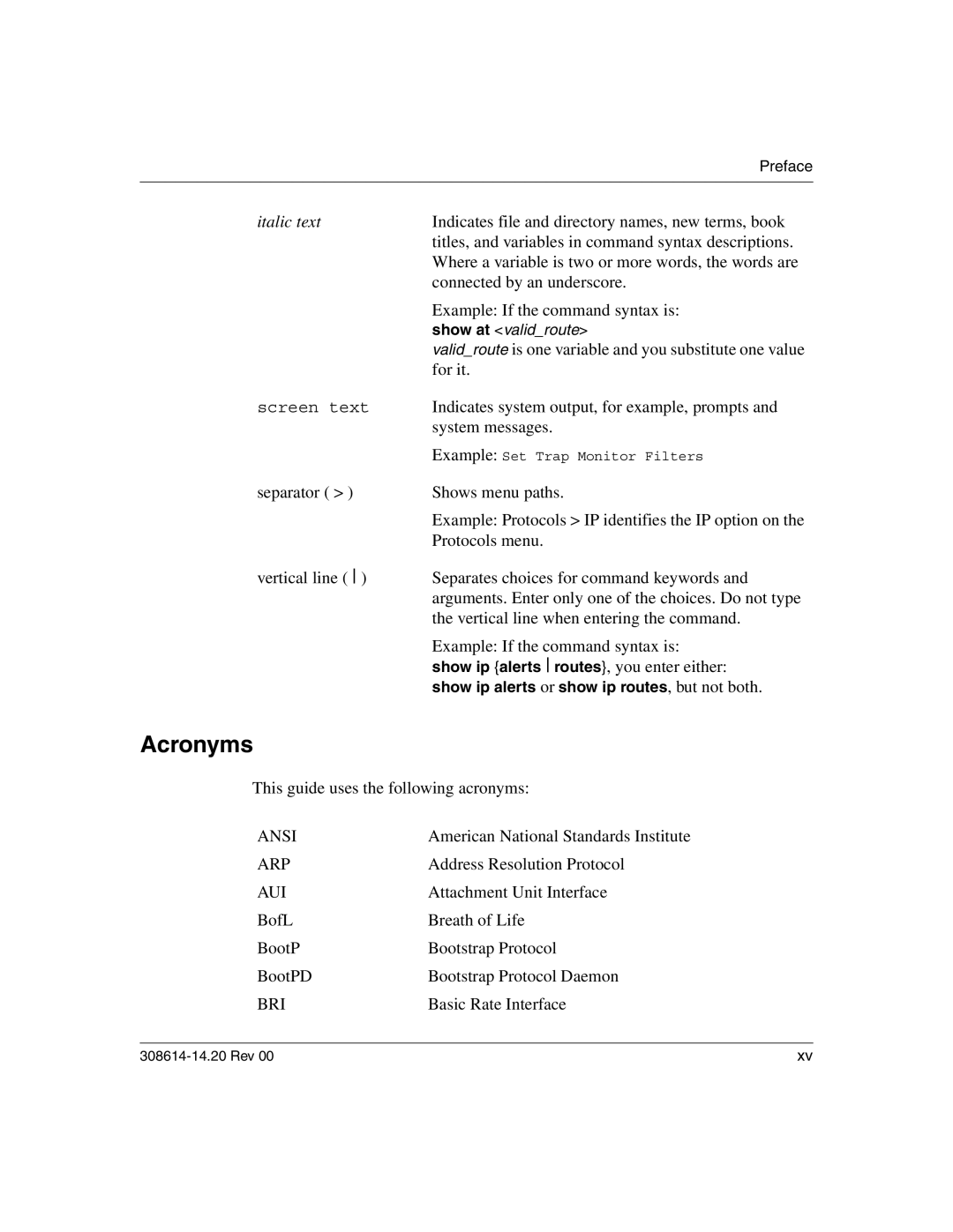 Nortel Networks 14.2 manual Acronyms, Italic text 