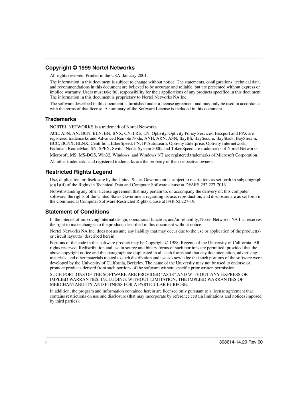 Nortel Networks 14.2 manual Copyright 1999 Nortel Networks, Trademarks, Restricted Rights Legend, Statement of Conditions 