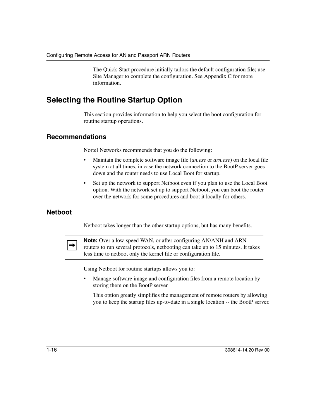 Nortel Networks 14.2 manual Selecting the Routine Startup Option, Recommendations, Netboot 