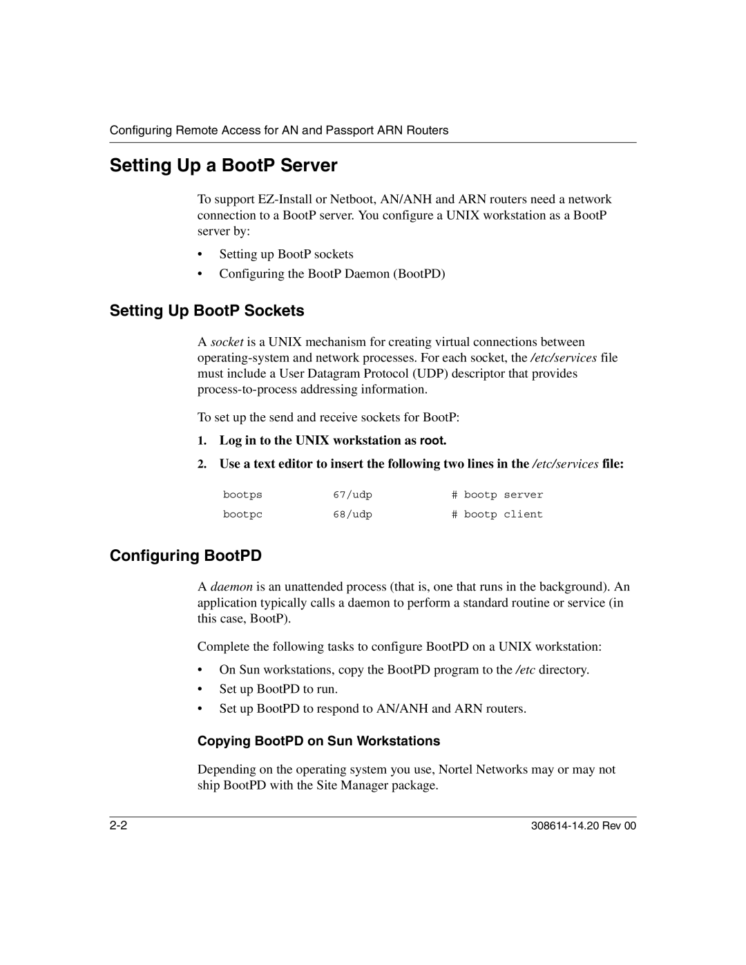 Nortel Networks 14.2 manual Setting Up a BootP Server, Setting Up BootP Sockets, Configuring BootPD 