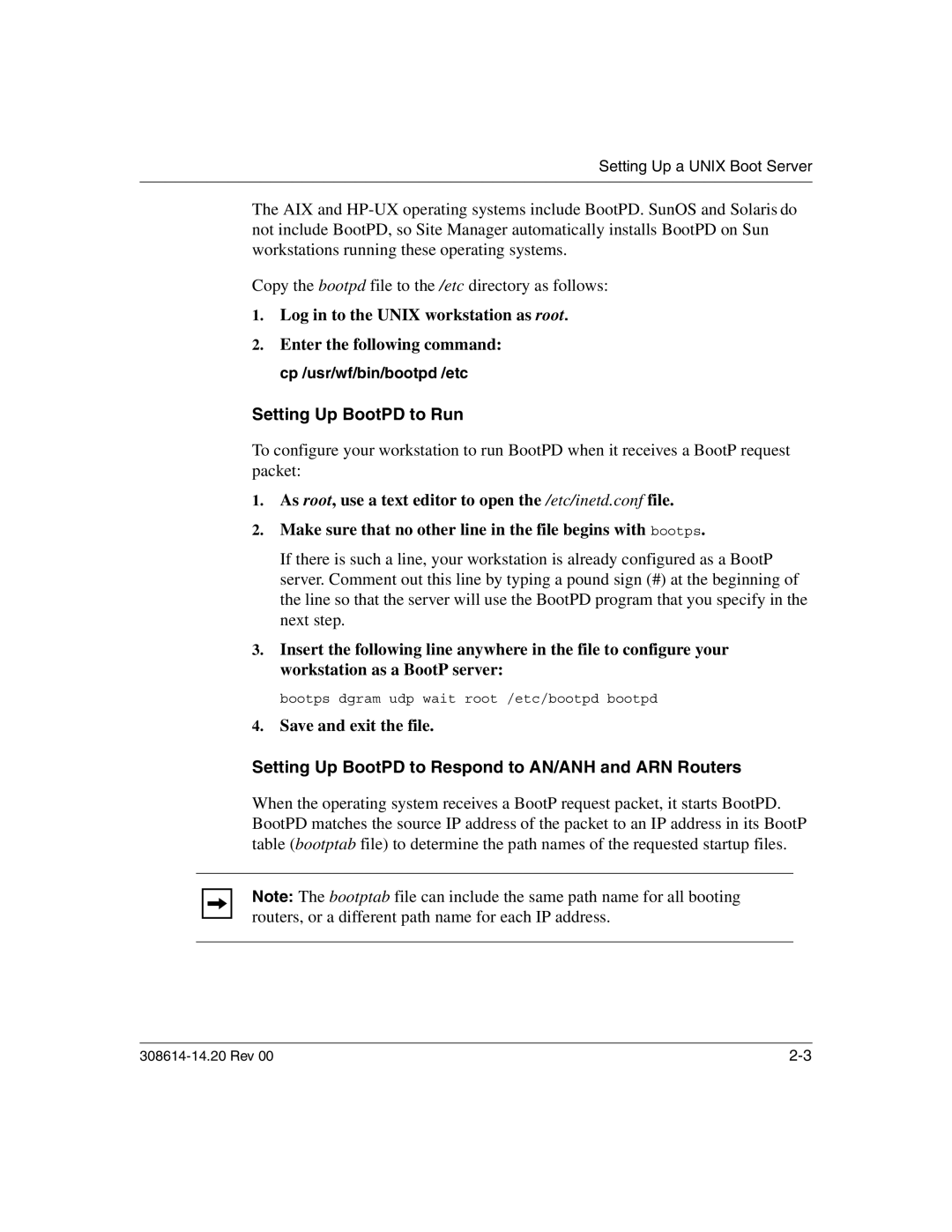 Nortel Networks 14.2 manual Log in to the Unix workstation as root, Setting Up BootPD to Run, Save and exit the file 