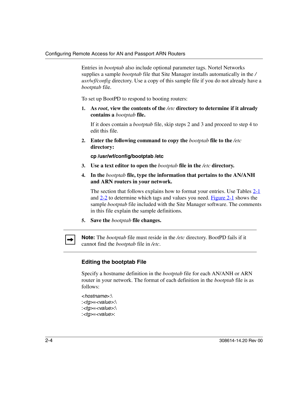 Nortel Networks 14.2 manual Save the bootptab file changes, Editing the bootptab File, Cp /usr/wf/config/bootptab /etc 