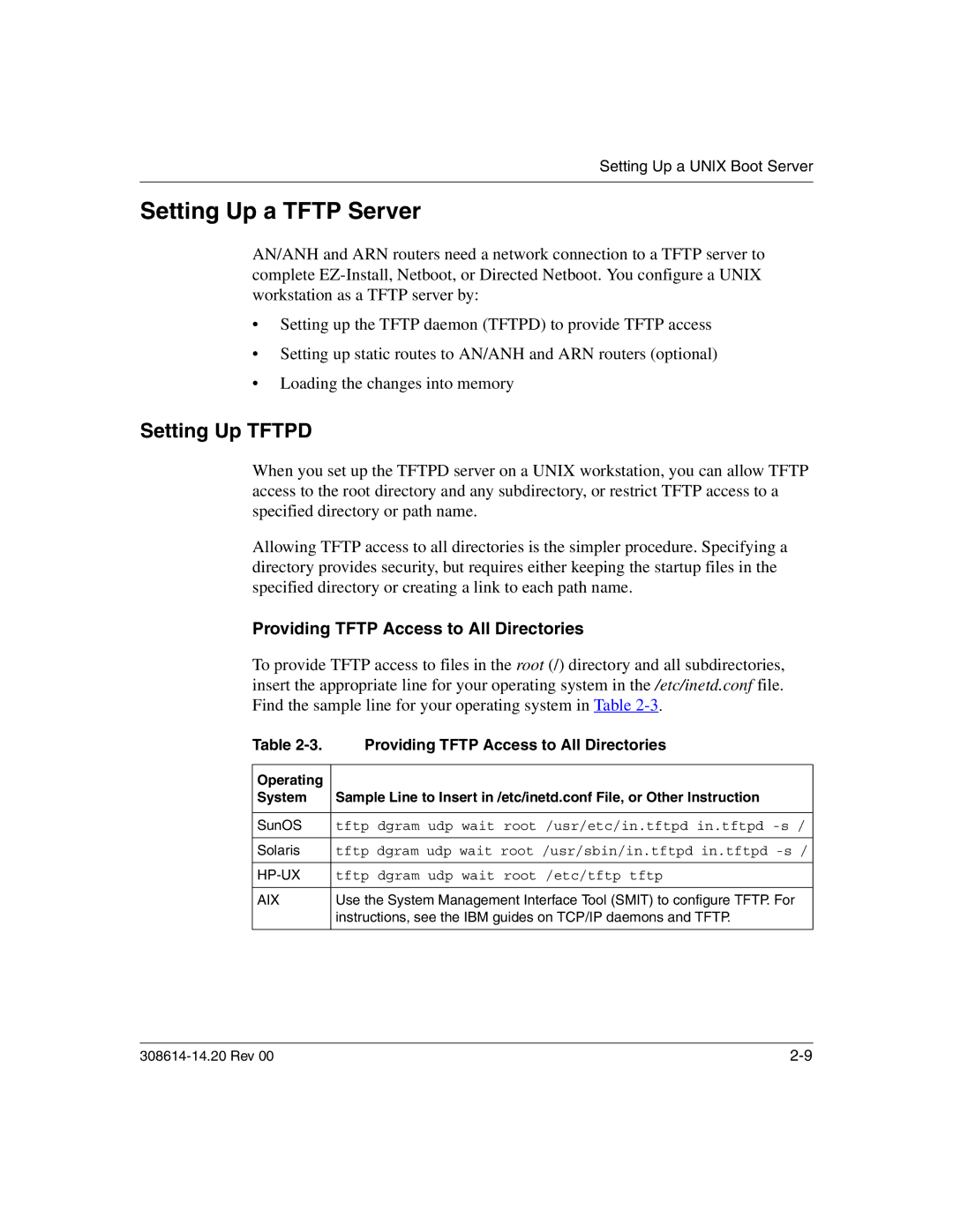 Nortel Networks 14.2 manual Setting Up a Tftp Server, Setting Up Tftpd, Providing Tftp Access to All Directories 