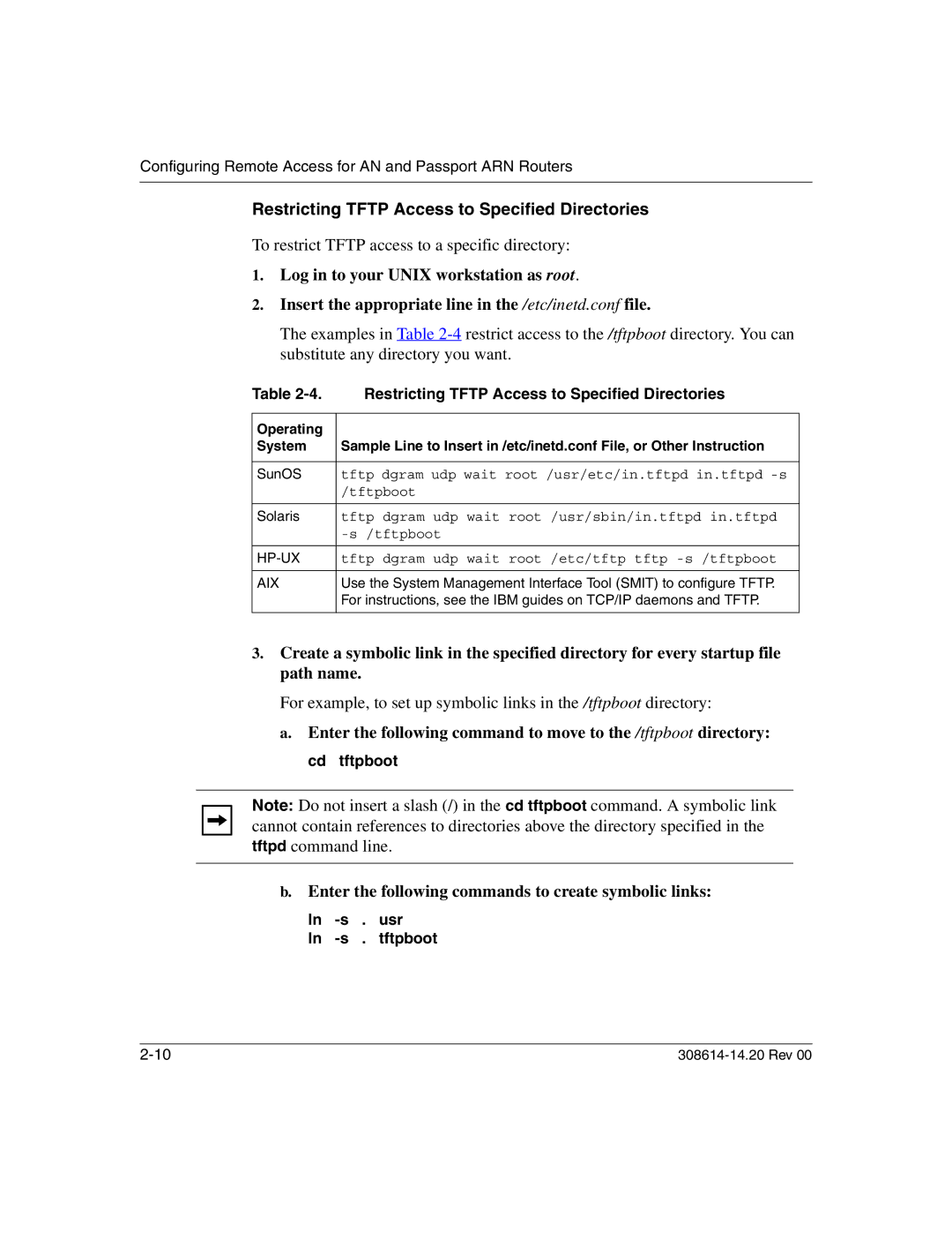 Nortel Networks 14.2 manual Restricting Tftp Access to Specified Directories, Ln -s . usr Ln -s . tftpboot 