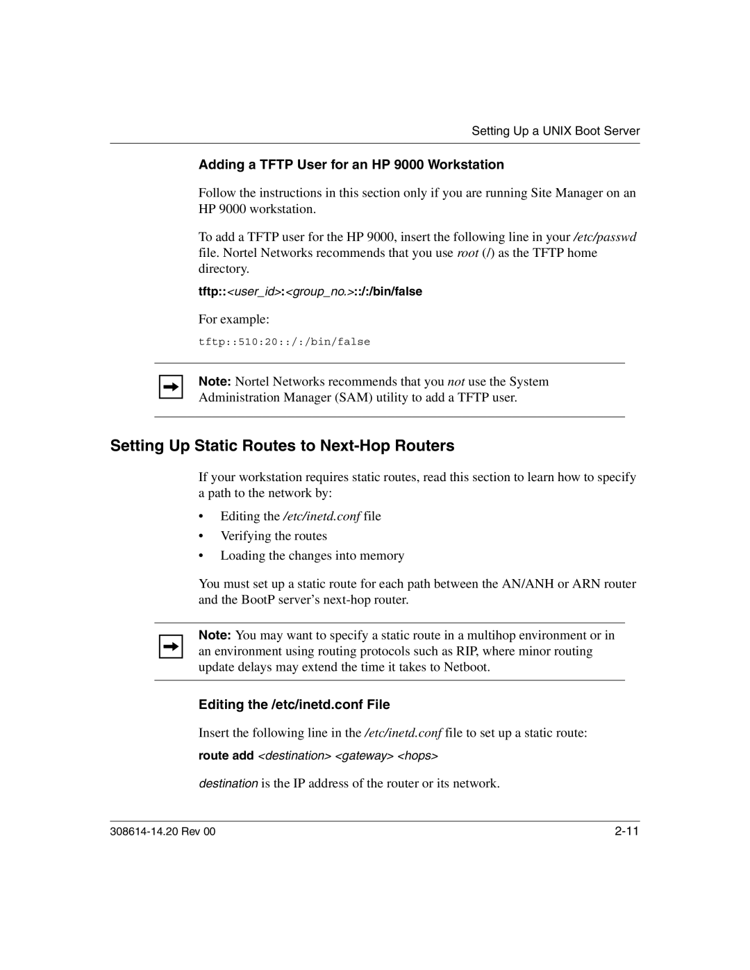 Nortel Networks 14.2 manual Setting Up Static Routes to Next-Hop Routers, Adding a Tftp User for an HP 9000 Workstation 