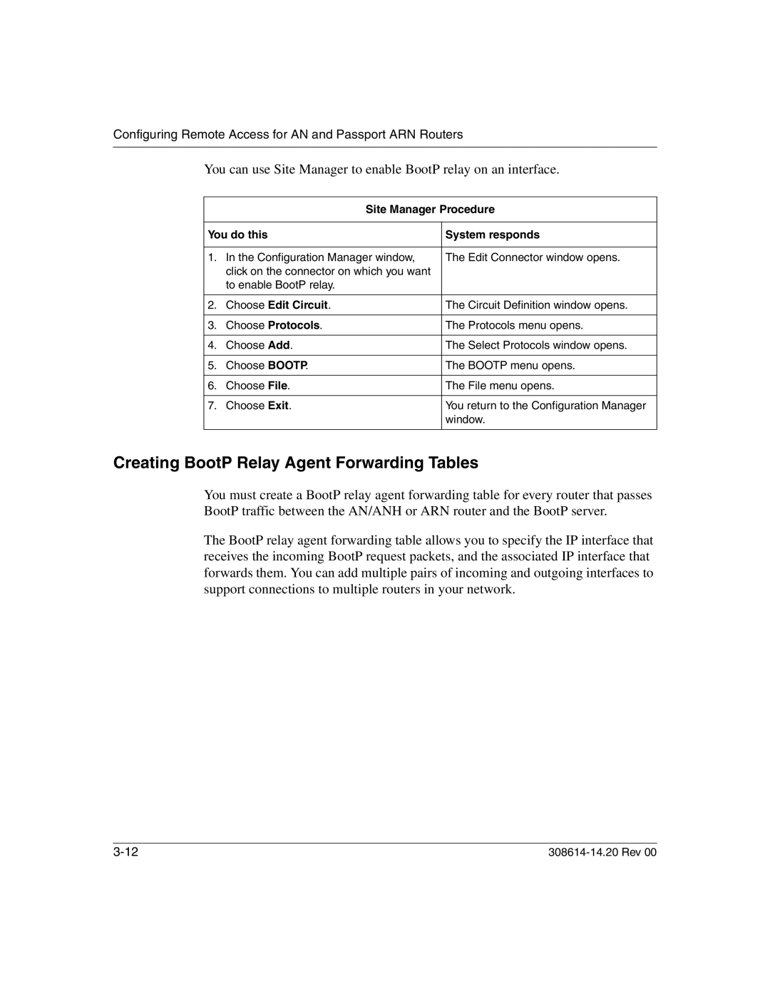 Nortel Networks 14.2 manual Creating BootP Relay Agent Forwarding Tables, Choose Edit Circuit, Choose Protocols 