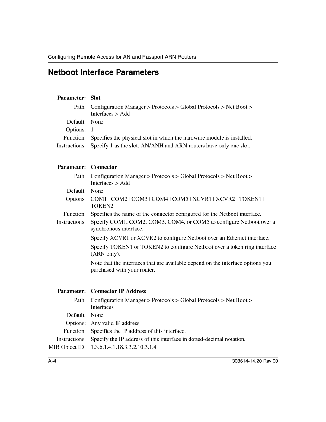 Nortel Networks 14.2 manual Netboot Interface Parameters, Parameter Slot, Parameter Connector IP Address 