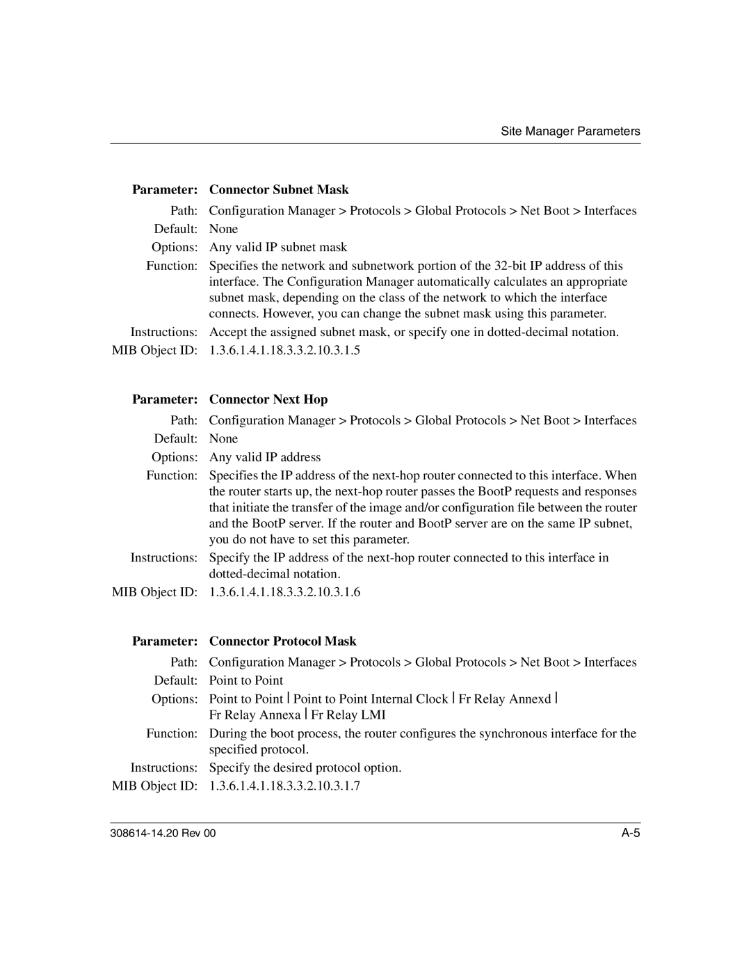 Nortel Networks 14.2 Parameter Connector Subnet Mask, Parameter Connector Next Hop, Parameter Connector Protocol Mask 