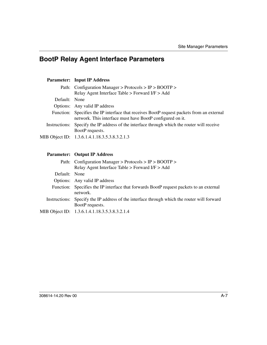 Nortel Networks 14.2 manual BootP Relay Agent Interface Parameters, Parameter Input IP Address, Parameter Output IP Address 