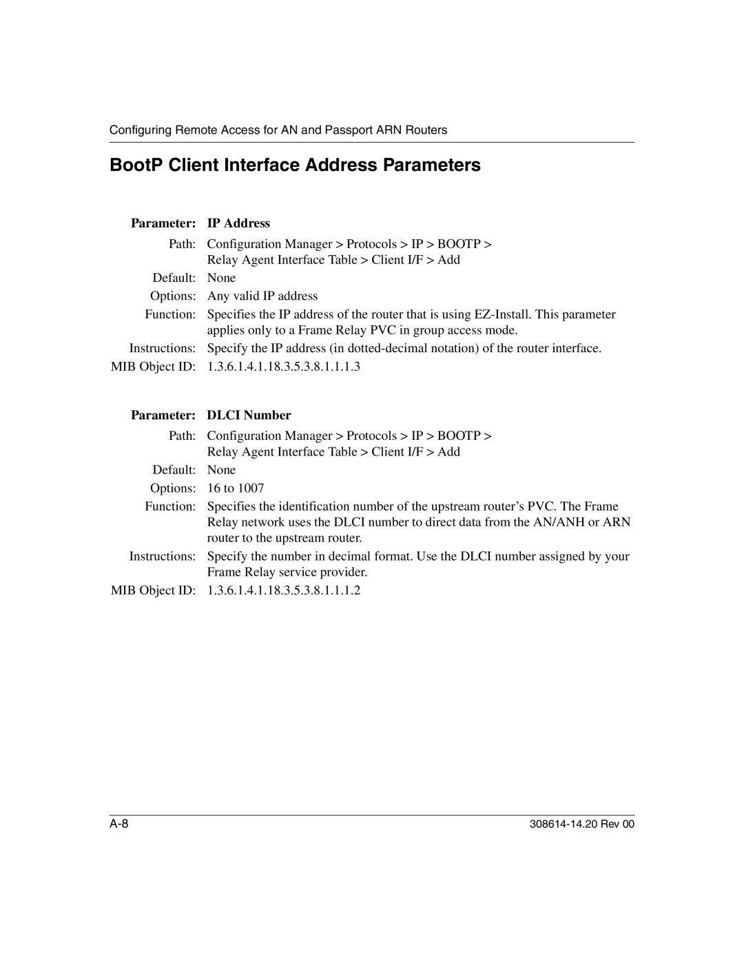 Nortel Networks 14.2 manual BootP Client Interface Address Parameters, Parameter IP Address, Parameter Dlci Number 