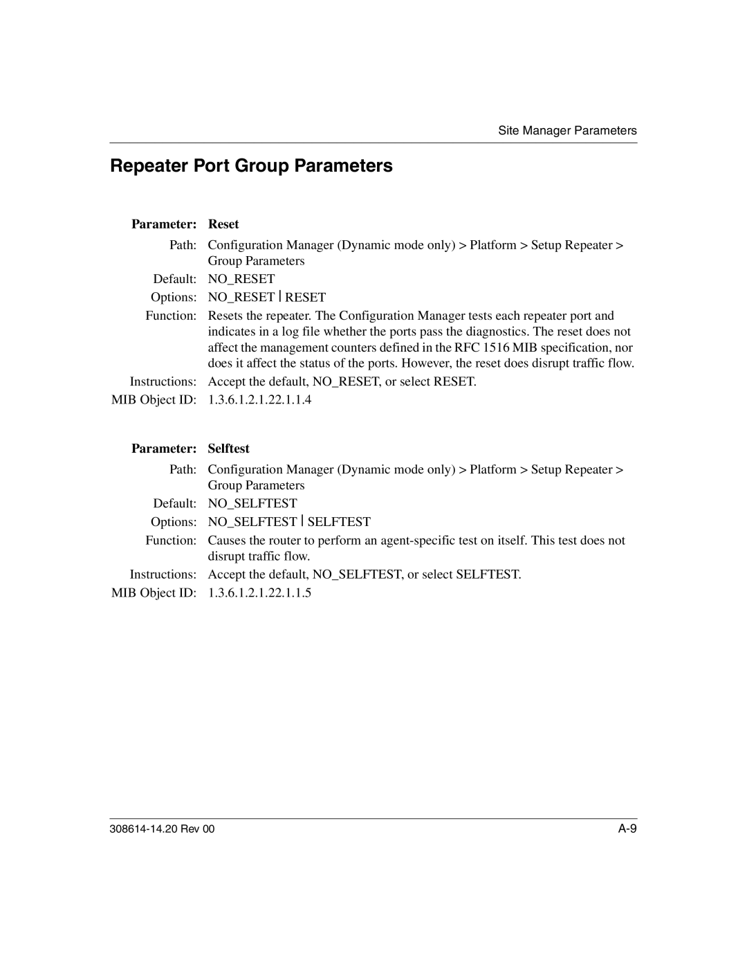 Nortel Networks 14.2 manual Repeater Port Group Parameters, Parameter Reset, Parameter Selftest 