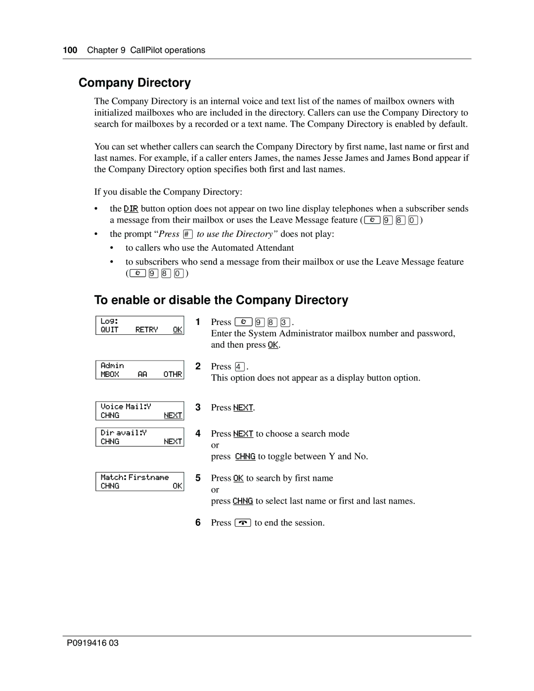 Nortel Networks 150, CallPilot manual To enable or disable the Company Directory 