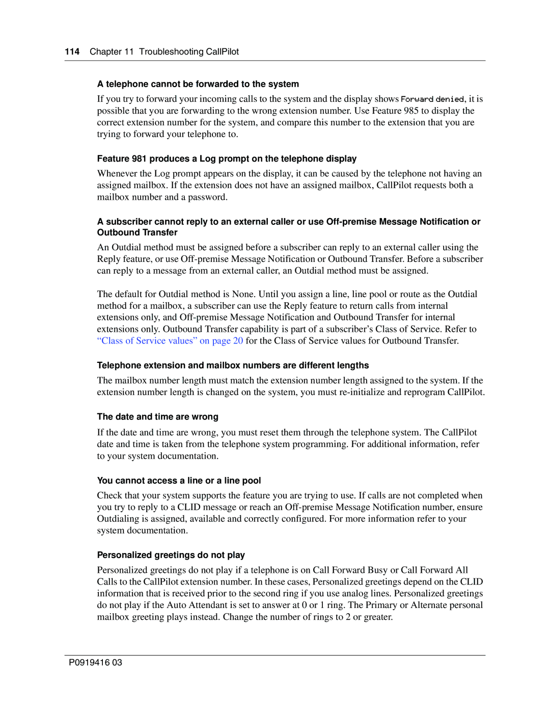 Nortel Networks 150, CallPilot manual Telephone cannot be forwarded to the system 