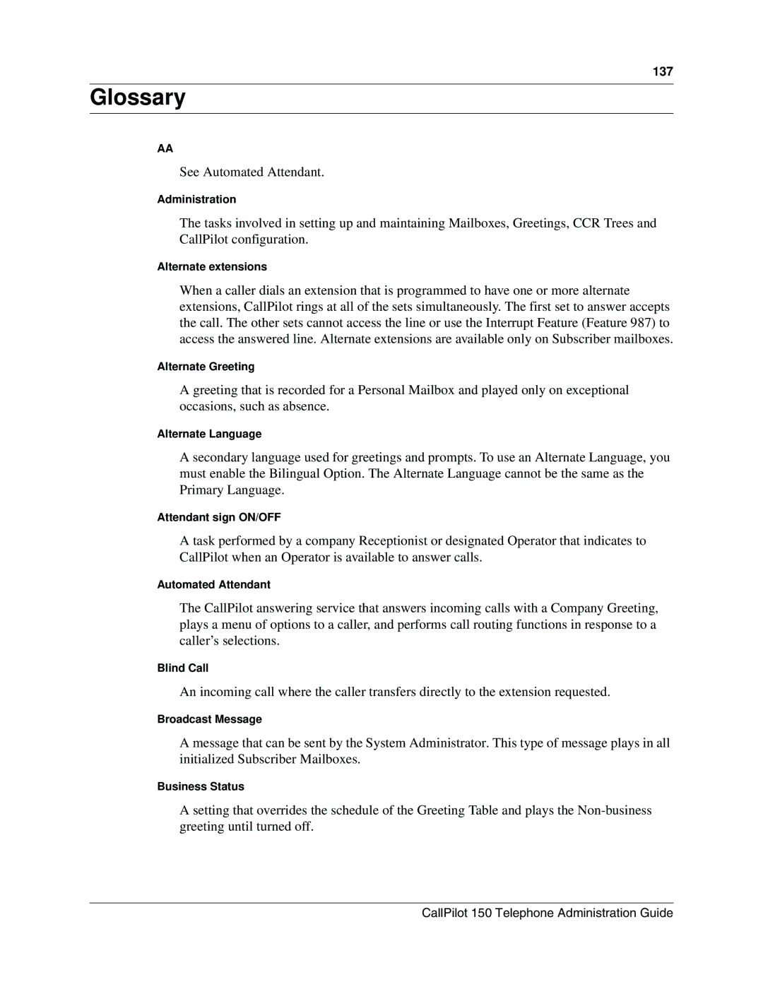 Nortel Networks CallPilot, 150 manual Glossary 