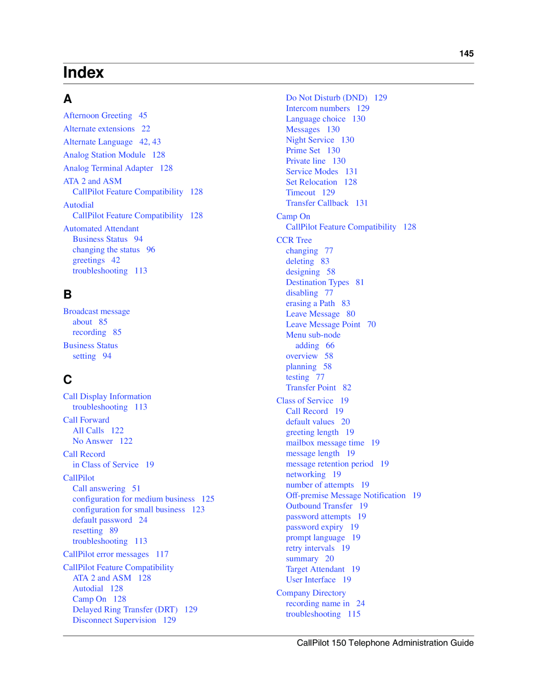 Nortel Networks CallPilot, 150 manual Index 