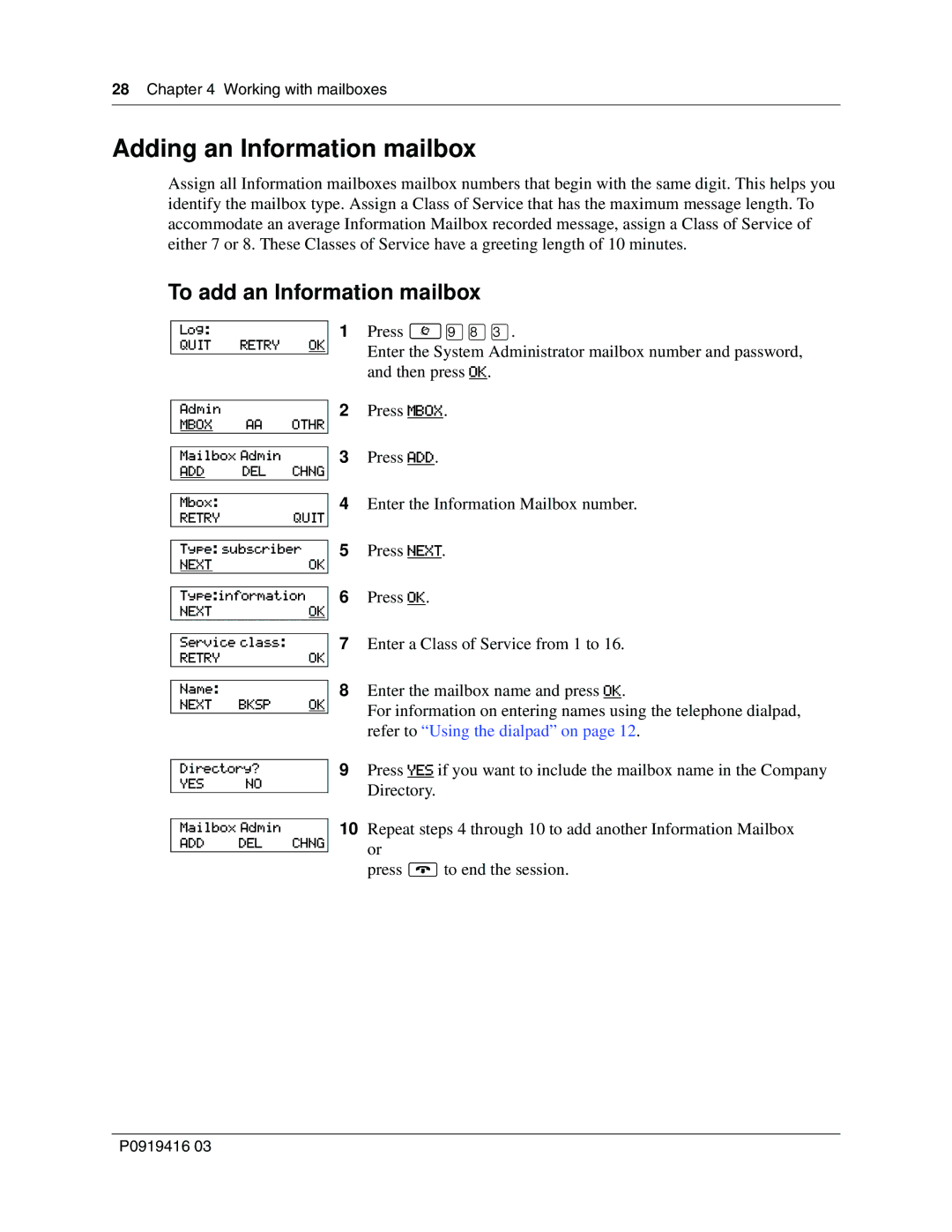 Nortel Networks 150, CallPilot manual Adding an Information mailbox, To add an Information mailbox 