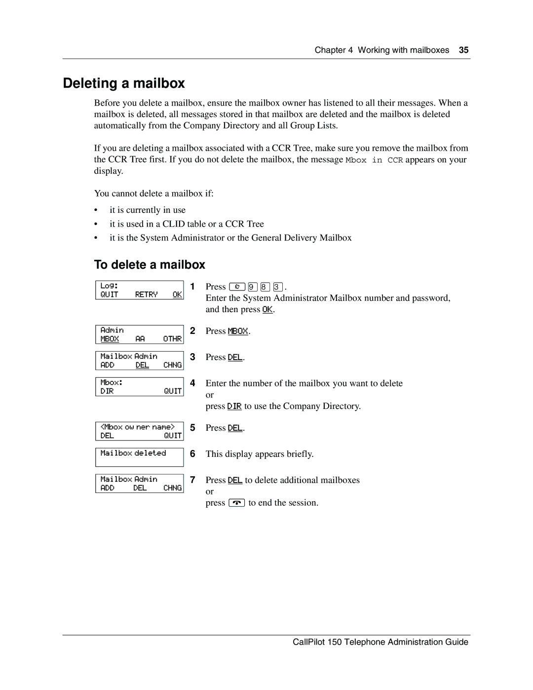 Nortel Networks CallPilot, 150 manual Deleting a mailbox, To delete a mailbox 