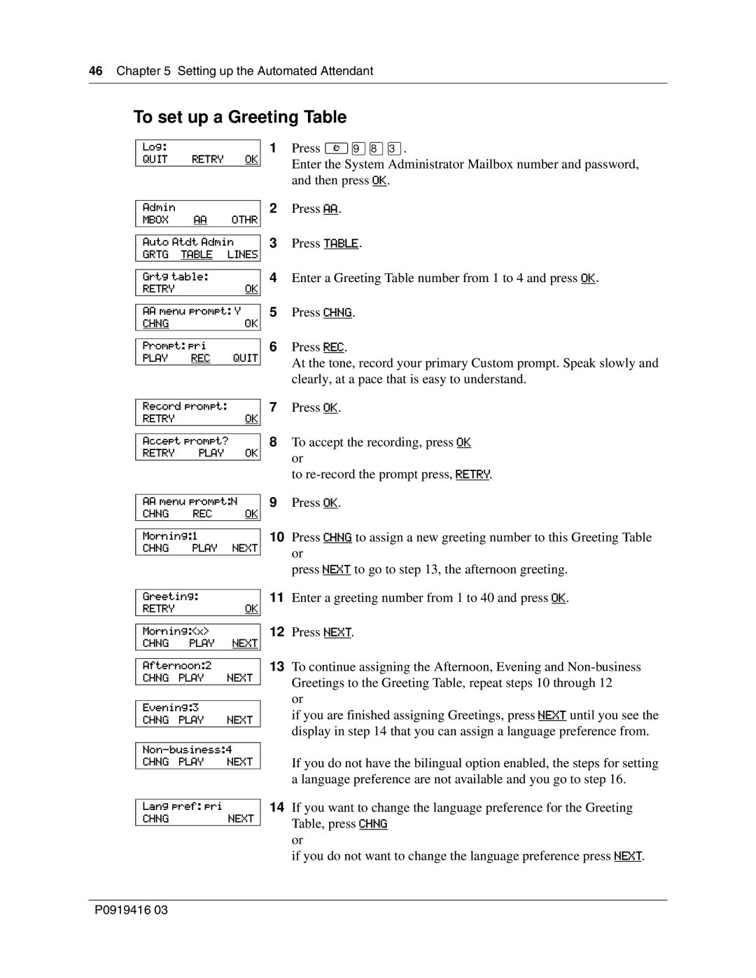 Nortel Networks 150, CallPilot manual To set up a Greeting Table 