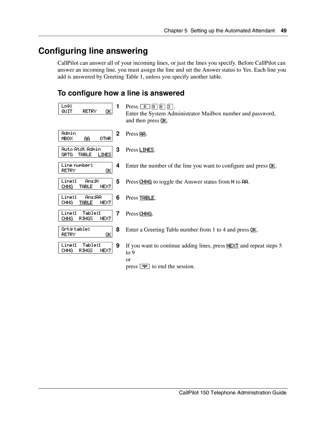 Nortel Networks CallPilot, 150 manual Configuring line answering, To configure how a line is answered 