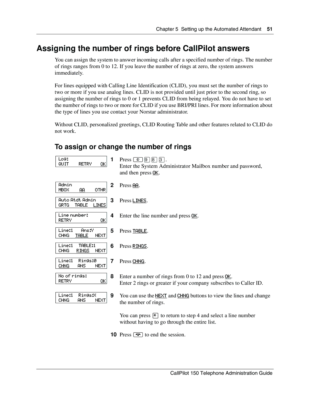 Nortel Networks 150 Assigning the number of rings before CallPilot answers, To assign or change the number of rings 