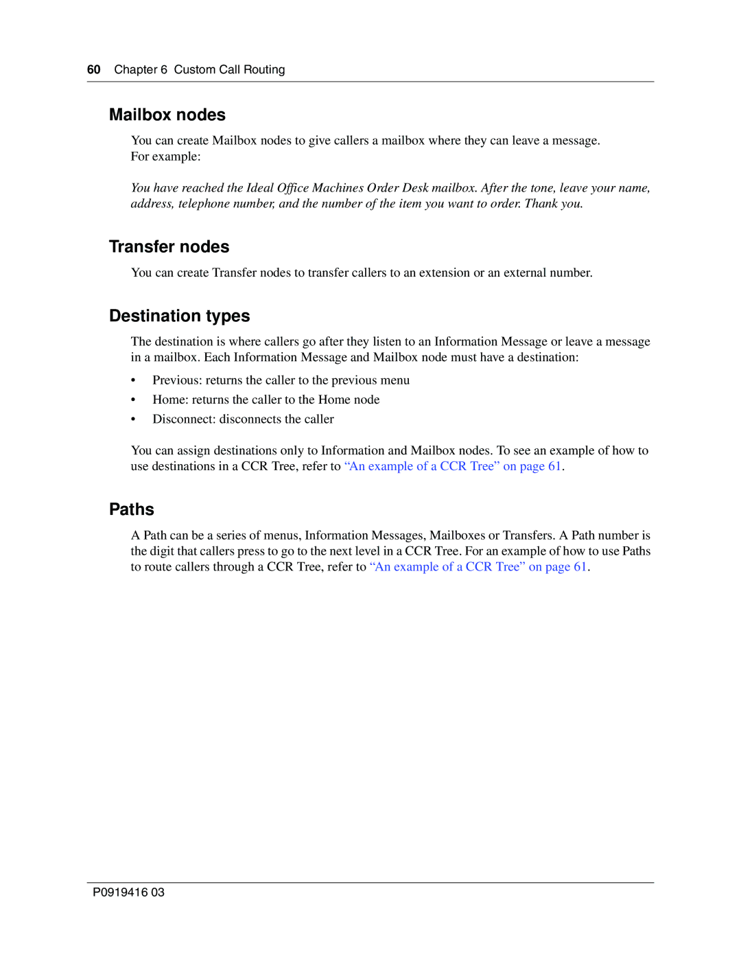 Nortel Networks 150, CallPilot manual Mailbox nodes, Transfer nodes, Destination types, Paths 