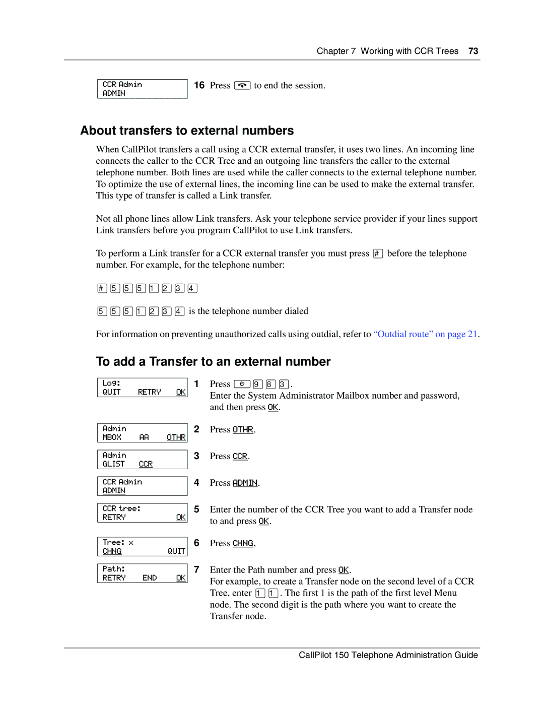 Nortel Networks CallPilot, 150 manual About transfers to external numbers, To add a Transfer to an external number 