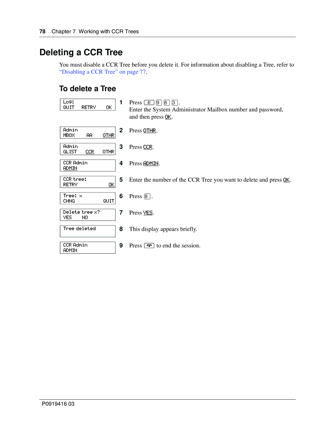 Nortel Networks 150, CallPilot manual Deleting a CCR Tree, To delete a Tree 