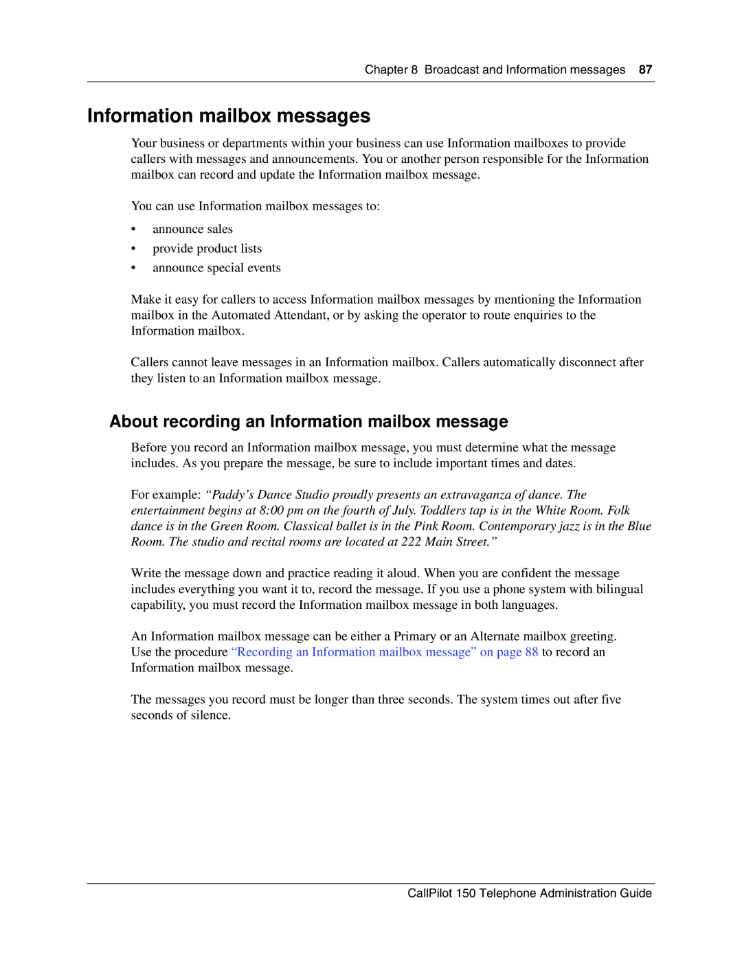 Nortel Networks CallPilot, 150 manual Information mailbox messages, About recording an Information mailbox message 