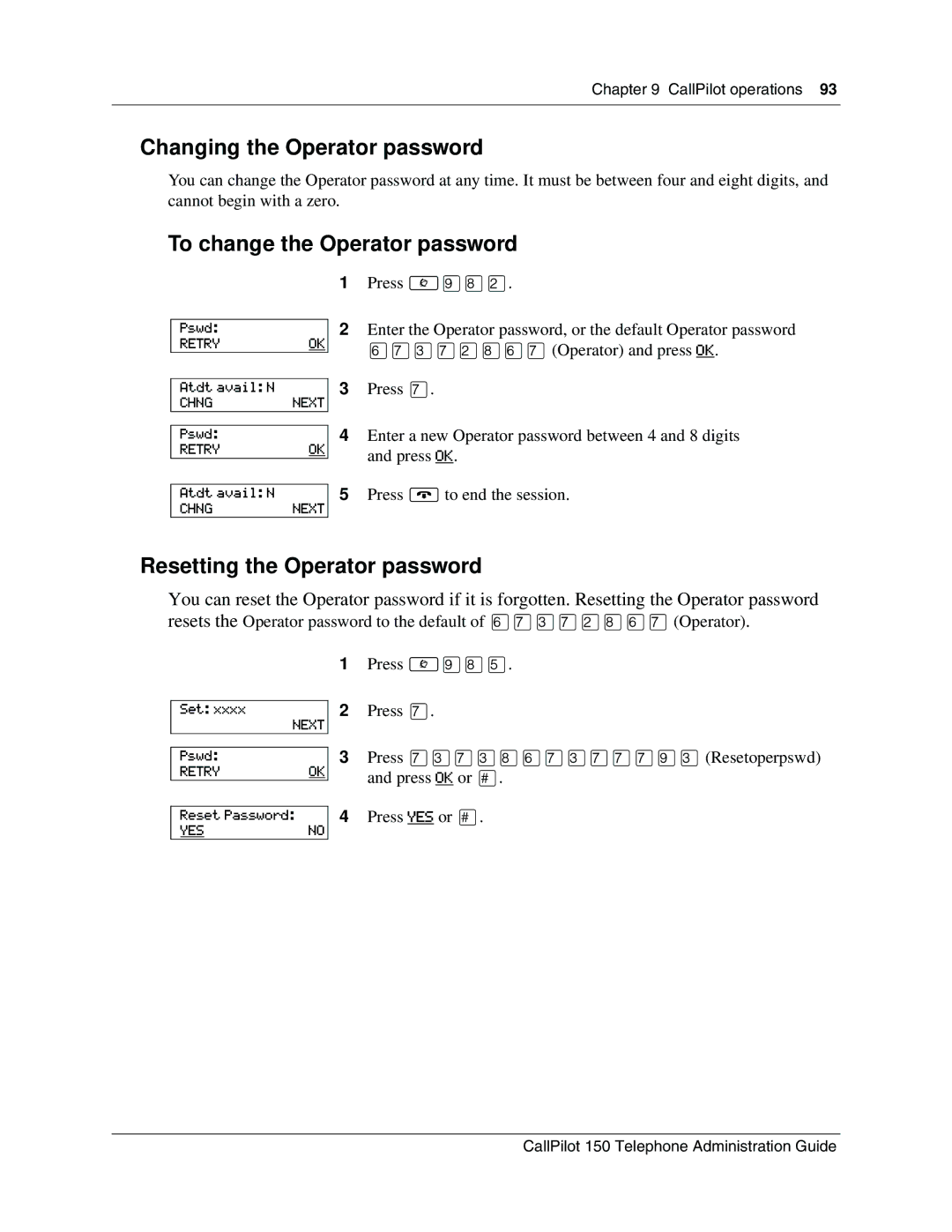 Nortel Networks CallPilot Changing the Operator password, To change the Operator password, Resetting the Operator password 