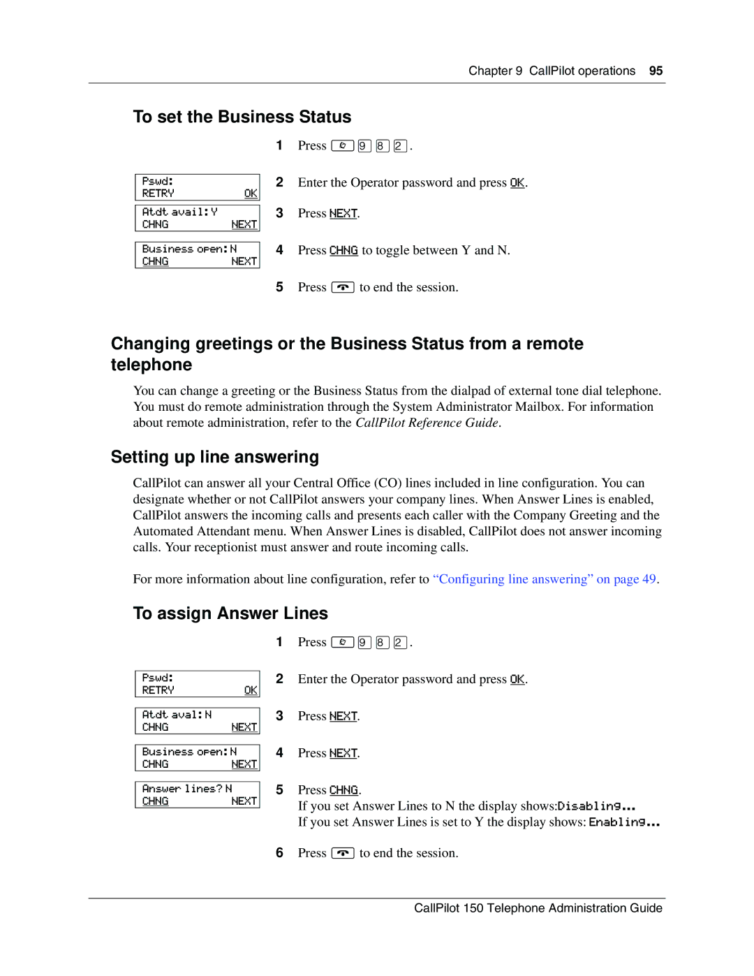 Nortel Networks CallPilot, 150 manual To set the Business Status, Setting up line answering, To assign Answer Lines 