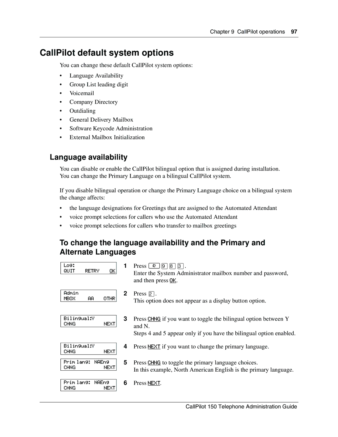 Nortel Networks 150 manual CallPilot default system options, Language availability 