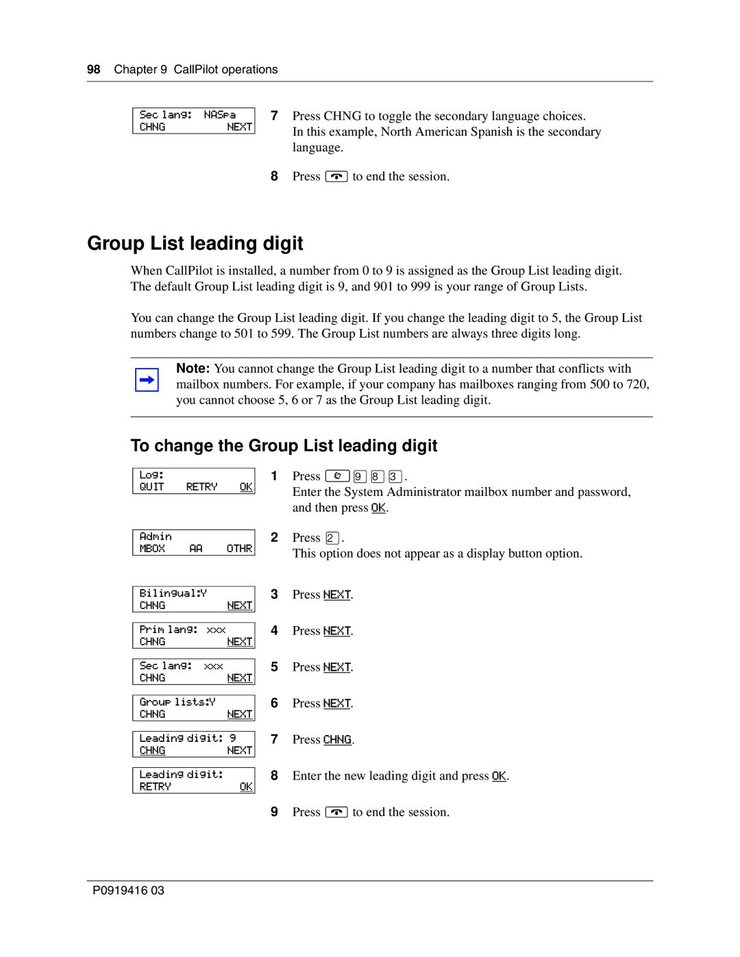 Nortel Networks 150, CallPilot manual To change the Group List leading digit 